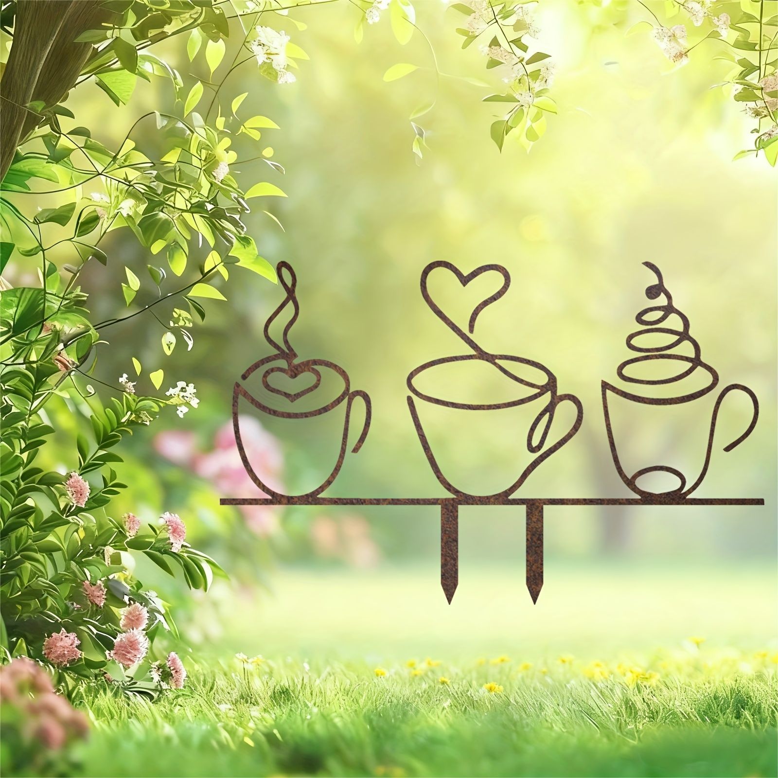 ガーデンステーク ガーデンピック 3個のコーヒーカップ オシャレ 鉄 ガーデニング ガーデン 装飾 庭 屋外 プランター装飾 インテリア ギフト 埋め込み 芝生 DIY おしゃれty430