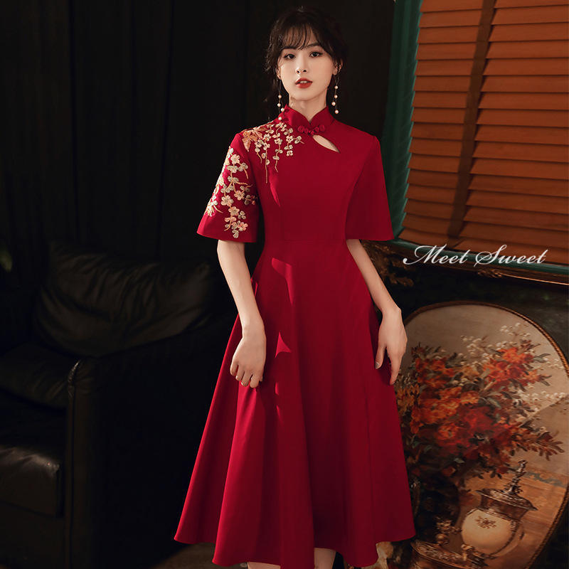 ウエディングドレス ウェディングドレス パーティドレス チャイナ風 ワンピース レディース 半袖 ミモレ丈 チャイナドレス 二次会 披露宴 結婚式 袖あり 立ち襟 スレンダードレス オシャレ 刺繍 前