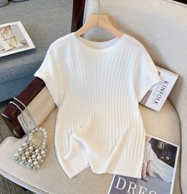 サマーニット リブ ラウンドネック トップス ニットソー ショート丈 袖あり スリム 細身 ストレート スマート リブニット 伸縮性 薄手 かわいい きれいめ シンプル カジュアル 大人 おしゃれ 5,206円