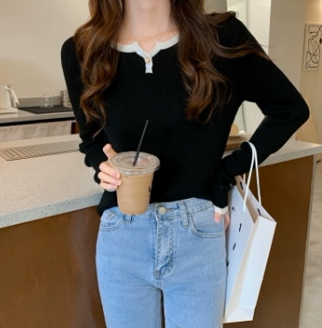 リブニット ボタン 秋冬 ニット素材 トップス ニットソー セーター レギュラー丈 長袖 Uネック 襟なし スリム タイト 細身 ストレート スマート リブ 伸縮性 ニット 薄手 かわいい 大人可愛い