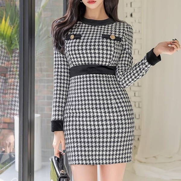 ボトスカート レディース スカート ワンピース ドレス ミニ ヒップカバードレス 長袖 カラーブロック ラウンドネック ニットタイト フェミニン ポケット ハイウエスト 上品 エレガント 千鳥格子 春