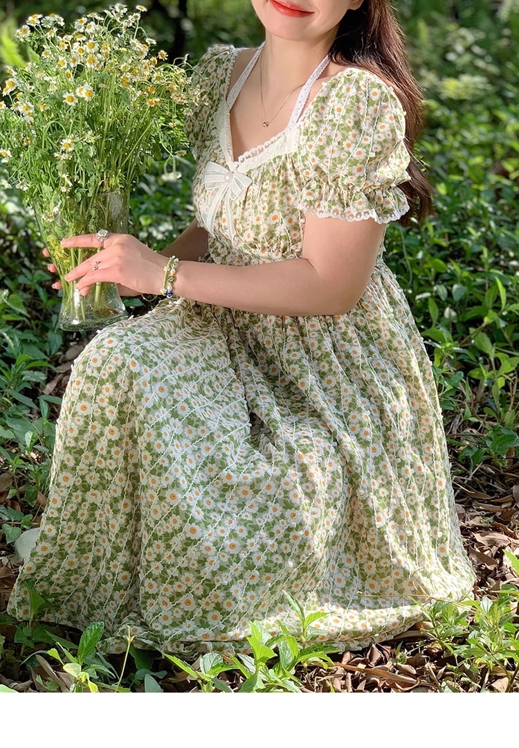 花柄 ワンピース 大きいサイズ 吊りネック スクエアネック 文学的 レトロ 甘め フレンチ 個性的 ワンピース ロング ロング丈 袖あり 半袖 襟なし かわいい 大人可愛い カジュアル 上品 おしゃれ