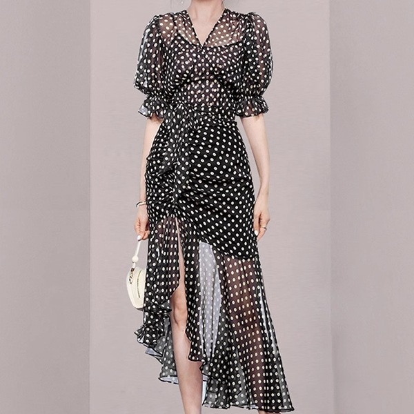 フィッシュテールシフォンドレス レディース ワンピース ドレス ミモレ ハーフ イレギュラー 半袖 パフスリーブ バルーン袖 Vネック 襟なし ノーカラー 細身 ストレート アシンメトリー