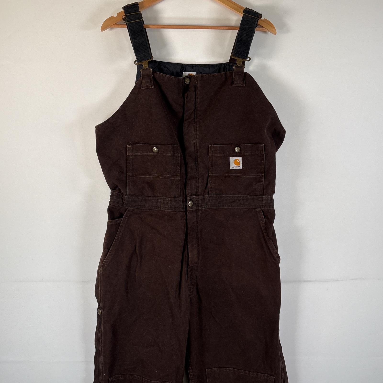 古着 オーバーオール ダック ワンポイントロゴ ワーク ダブルニー スパナポケット サイドポケット 16x30 ブラウン レディース
