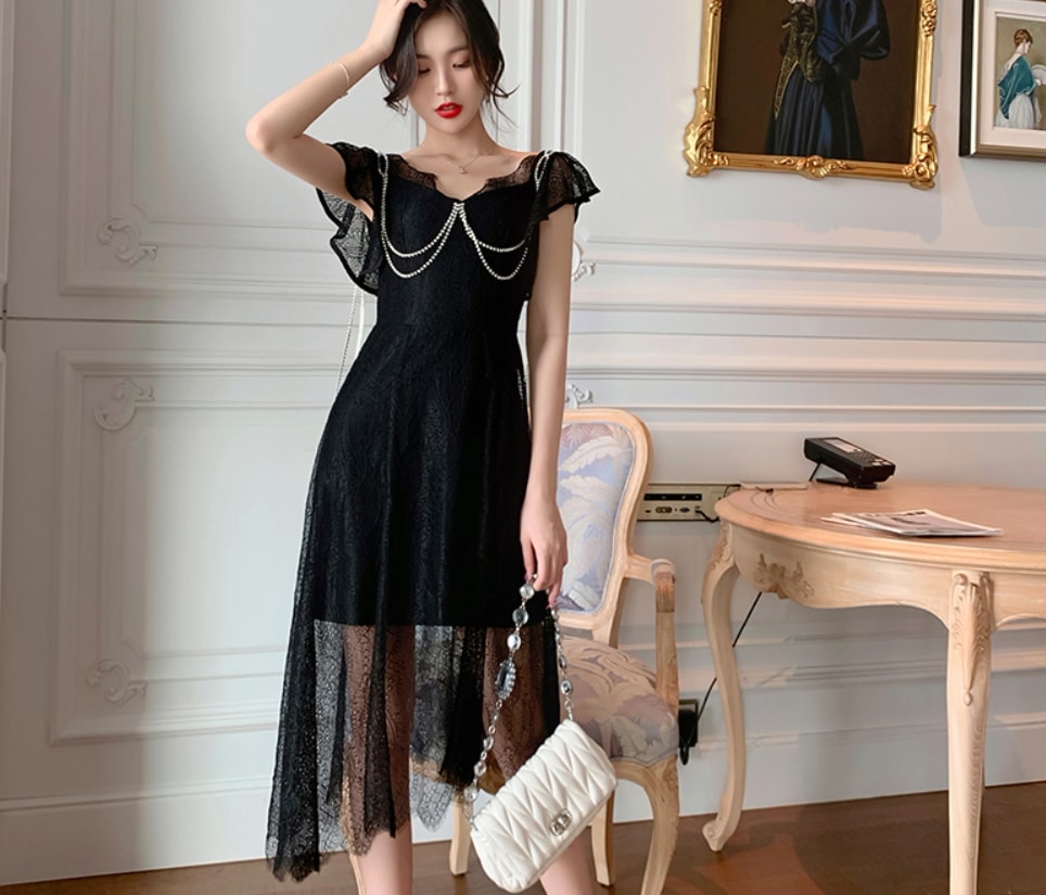 ストーン ワンピース ワンピドレス 膝丈 ひざ丈 膝下 袖あり 半袖 Vネック 襟なし ストレート Iライン アシンメトリー レース チュール ウエストマーク ファスナー ハイウエスト 透け感 薄手