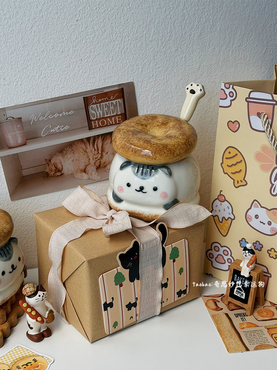 かわいい子猫の陶器製マグカップ（蓋付き）ドリンクカップ柔らかくて癒されるギフト女の子へのプレゼントに