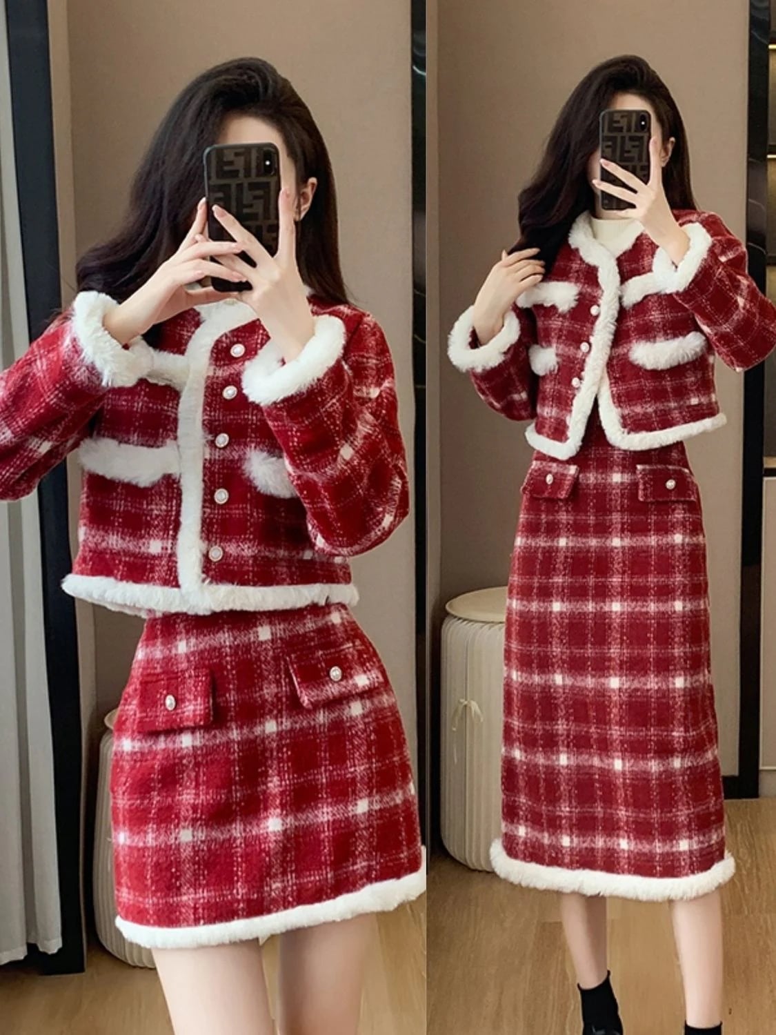 小さなスーツ 新年シャツ赤い格子縞のコートの完全なセット冬のスカート猫猫小祥スタイルのスーツとスカートトレンドのツーピースセット 5,887円