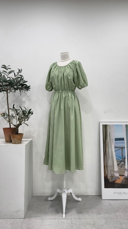 ウエストストリンググリーン XLサイズオーバーフィットシャーリング半袖ロングワンピース