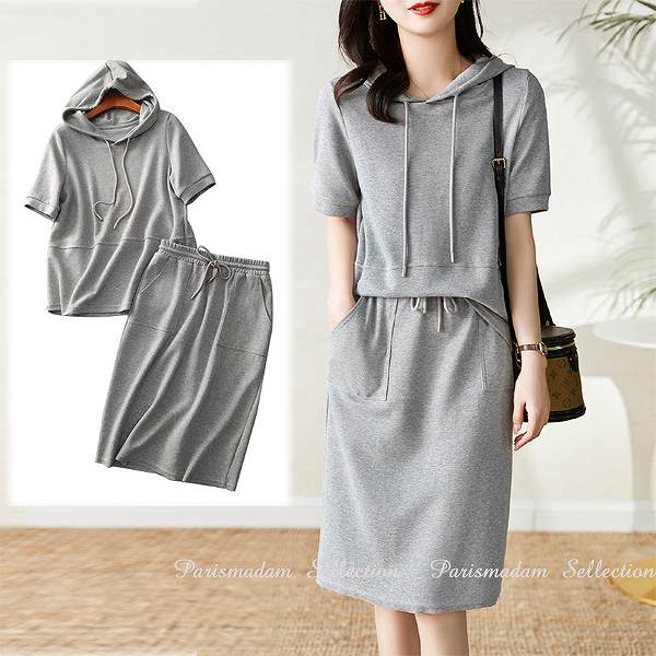 人気スエットセットアップ　トップス＋スカート　グレー　半袖　ひざ丈　フード付き　ウエストゴム　女子会　ほっそり効果大 20代30代40代50代60代　ミセス