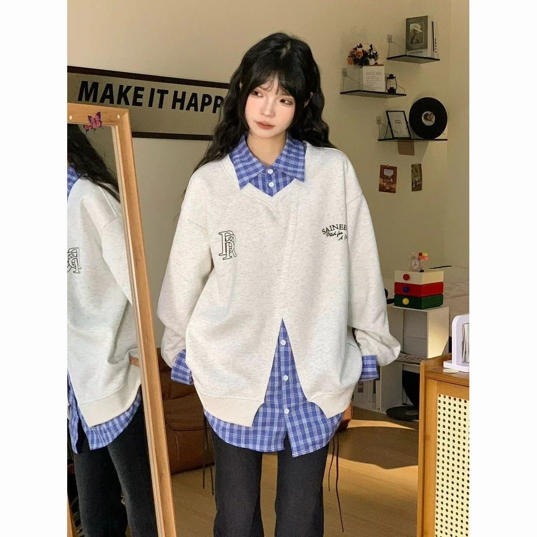 アメリカンレトロカラーブロックチェック柄ジップアップカーディガンパーカー春と秋の新作スタイル小柄な女性にぴったりのゆったりとしたフィット感