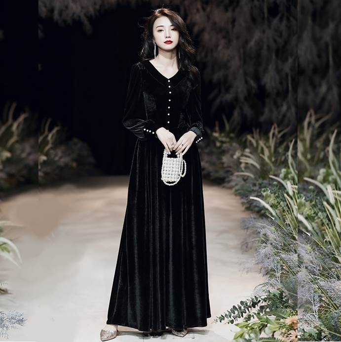 2色 ロング ドレス パーティードレス 個性的 黒 赤 袖あり 結婚式 二次会 お呼ばれ フォーマル 演奏会 ピアノ 発表会 ドレス 大人 かっこいい Vネック 長袖 可愛い きれいめ スレンダー 2