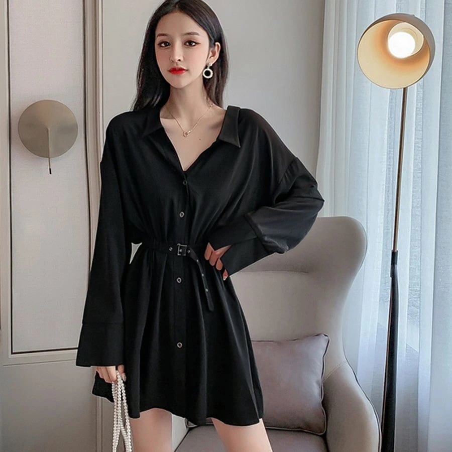 ミニワンピース レディース 長袖 シャツワンピース ショート丈 ウエストマーク ブラウスワンピース きれいめ シャツブラウス 無地 バレンタイン 2025 プレゼント