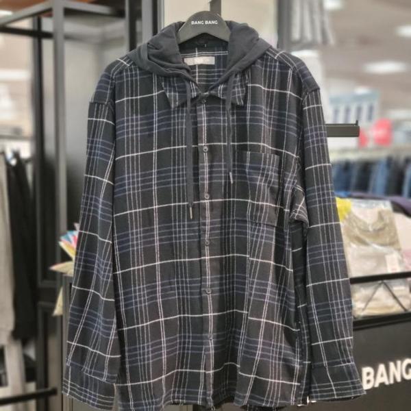 HC21 秋フード取り外し可能コットンチェック柄ビッグシャツ BSK637 (S40870567)