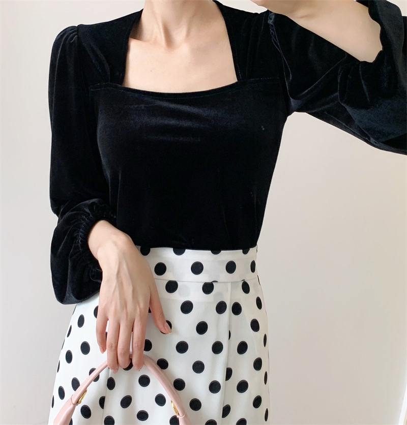 スクエアネック パフスリーブ ベロアトップス デコルテ見せ カットソー OHCA0165