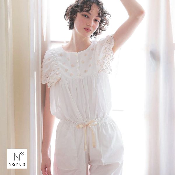 ナルエー パジャマ 60/ローンAOレース 7分袖パジャマ ルームウェア セットアップ 上下セット