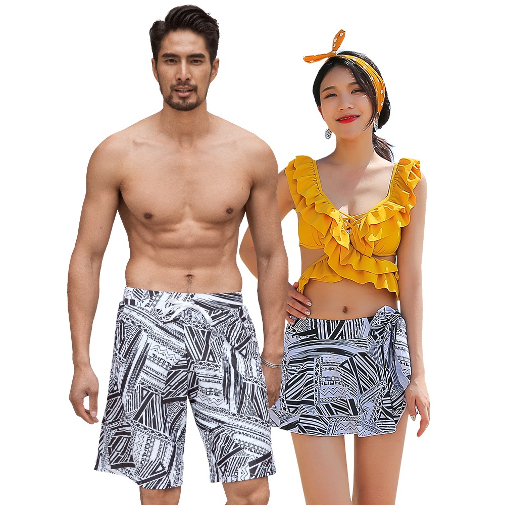 水着 カップル水着 レディース メンズ ペア水着 体型カバー ビーチパンツ お揃い 海 プール ペアルック 夫婦 恋人 彼氏 彼女 トランクス ビキニ 大きいサイズ イエロー 2019年新作