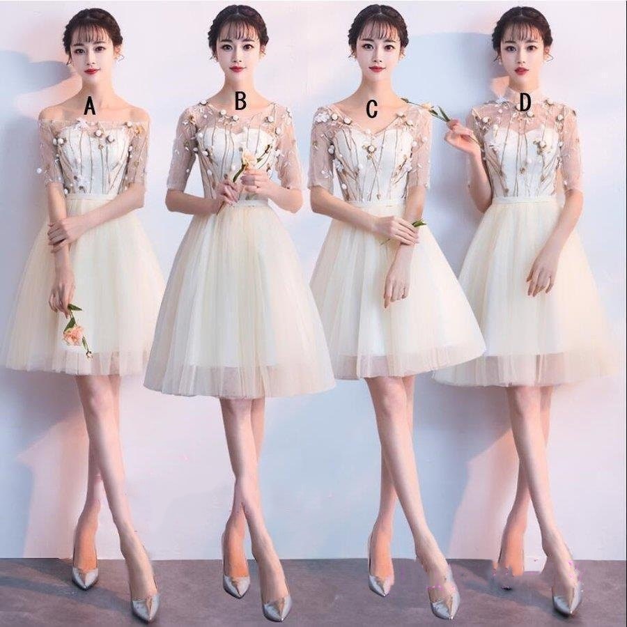 ドレスワンピースブライズメイドドレス袖付きミモレドレス演奏会二次会パーティードレス披露宴結婚式ウェディングドレス謝会花嫁の介添えドレス