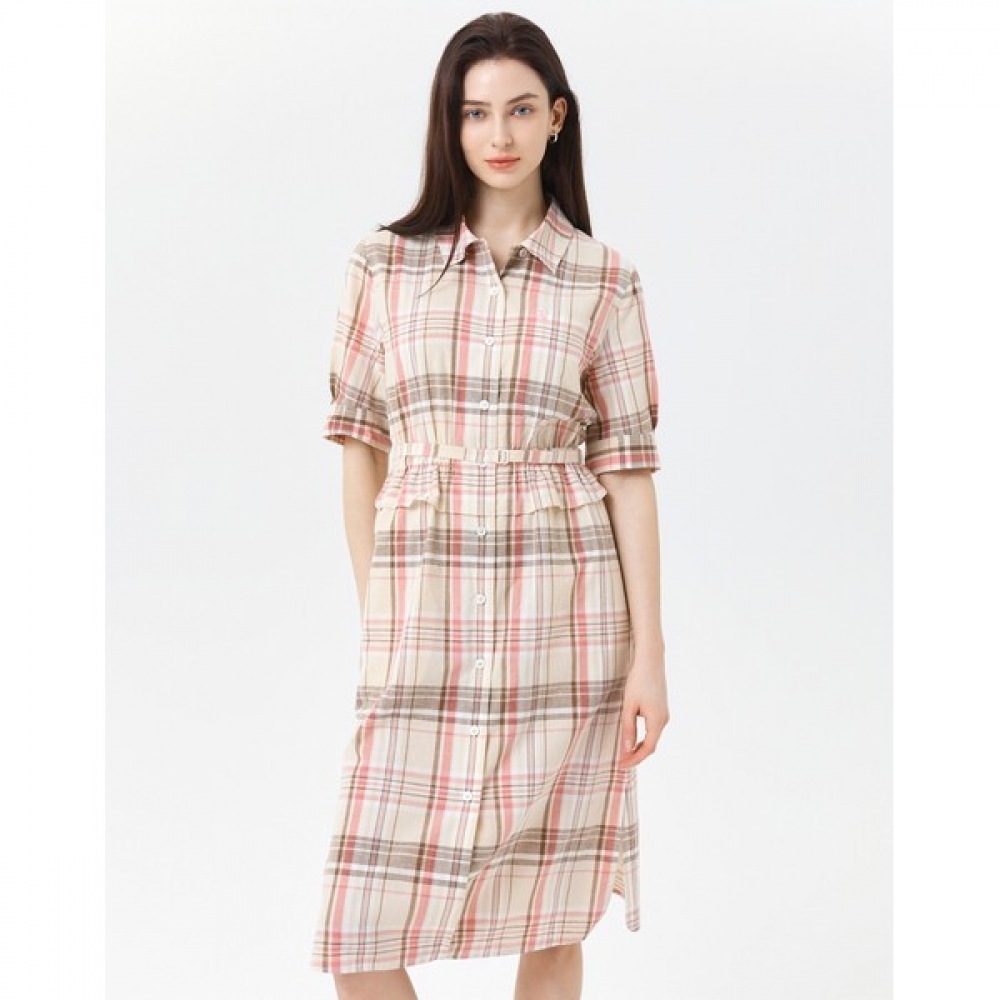 (ヘッジズレディース) 24SS ベージュリネンチェックシャツ型 3/4 スリーブドレス HSDR4B304I2