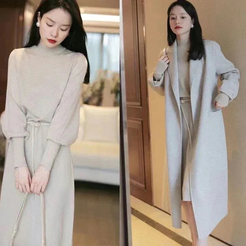 [現品/新品]のワンピースニットワンピース フランスのレディース はロングスカートのコートを着ていますセータースカートミドル丈の膝上ボトミングニットドレ