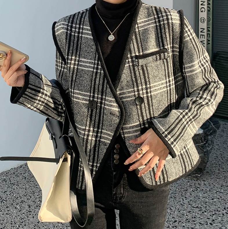 アウター レディース ブルゾン スーツ 長袖 Vネック 襟なし 前開き 大人可愛い 上品 おしゃれ レトロ エレガント チェック 柄 格子 秋 冬 入学式 入園式 卒業式 卒園式 10代 20代 30 6,216円