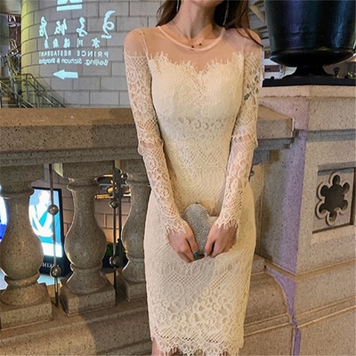 ワンピース 膝丈ドレス ワンピースドレス ワンピドレス 膝丈 ひざ丈 膝下 袖あり 長袖 Uネック ラウンドネック レース 刺繍 透け感 シースルー 上品 おしゃれ お洒落 エレガント フォーマル