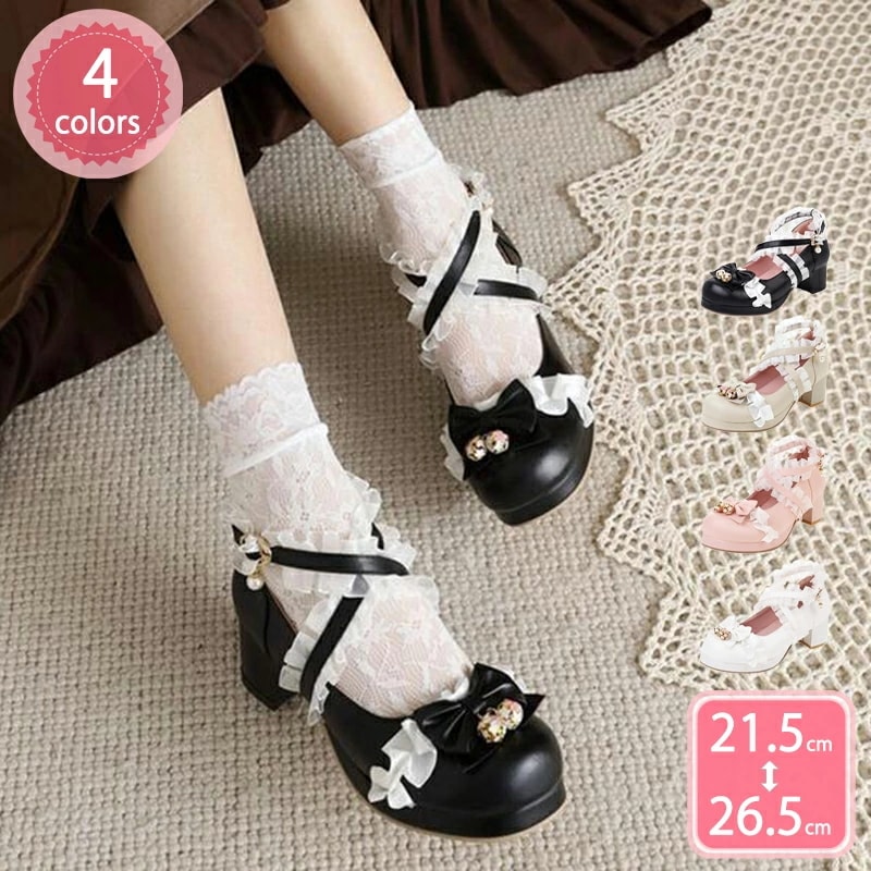 500円OFFクーポン ロリータ靴 レディース 太ヒール ハイヒール ロリータシューズ 厚底 お嬢様風 メイド 靴 パンプス 蝶結び エレガント 歩きやすい 通気性 ストラップ 美脚 カコイイ 美脚