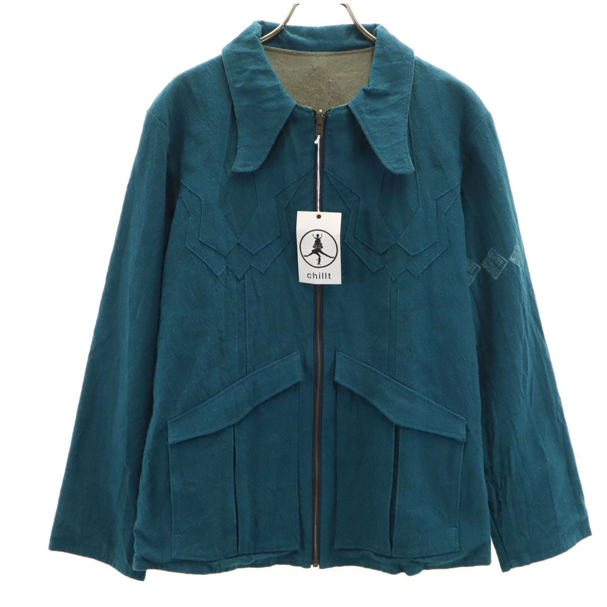 CHILLT リネンブレンド パッチワーク ジャケット L ターコイズ リバーシブル メンズ 古着
