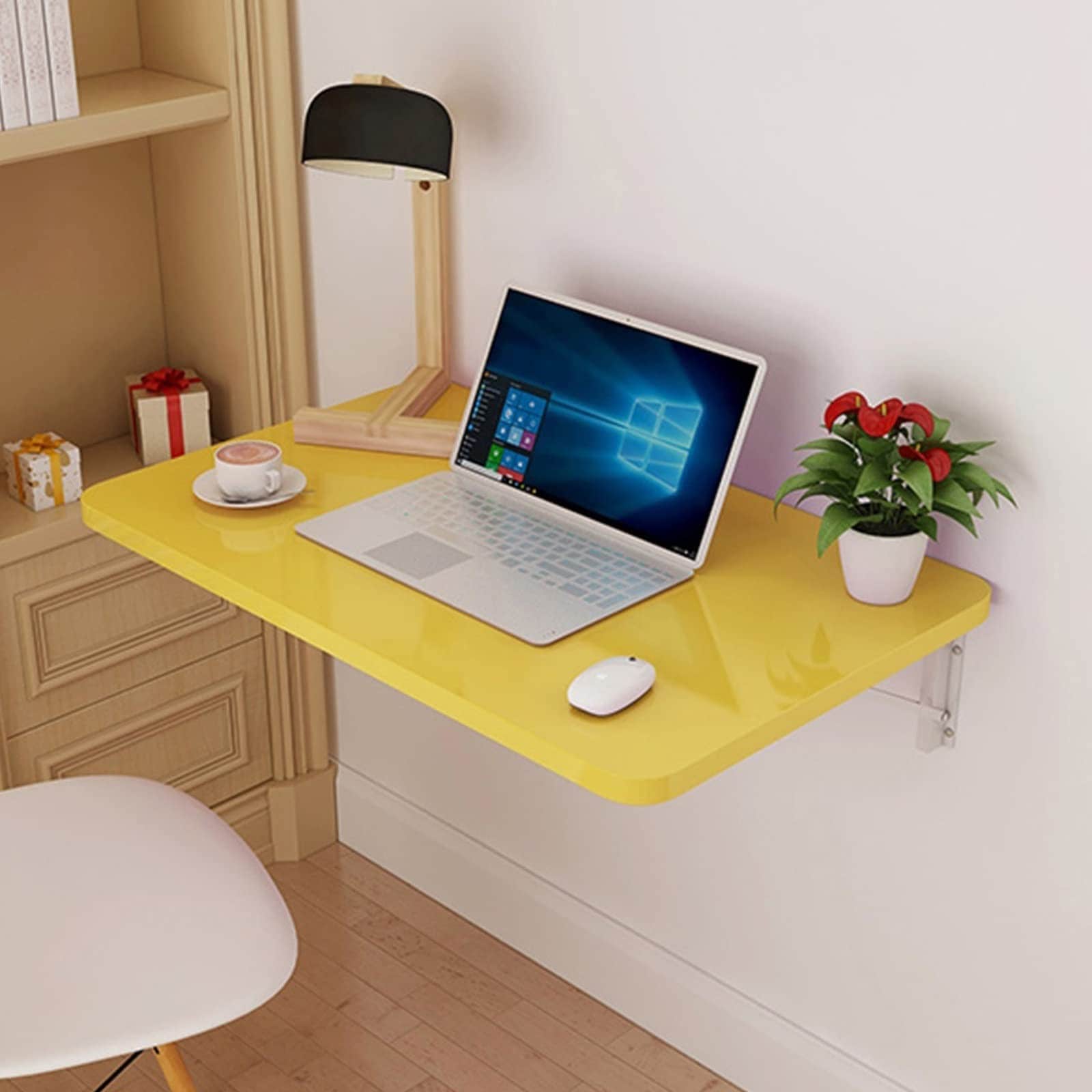 フローティングウッドランドリー折りたたみテーブル 高耐久ブラケット付き 省スペース壁掛けテーブル キッチンとランドリールーム用 (イエロー 50x5)机・デスク