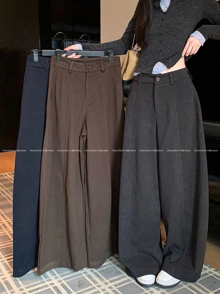 美脚効果 2025秋冬 厚手パンツ 韓国系ファッション カジュアルフィット 脚長効果 レディース 細見え かわいい 防寒 モップパンツ 暖かい お出かけ ロングワイドハイウエスト