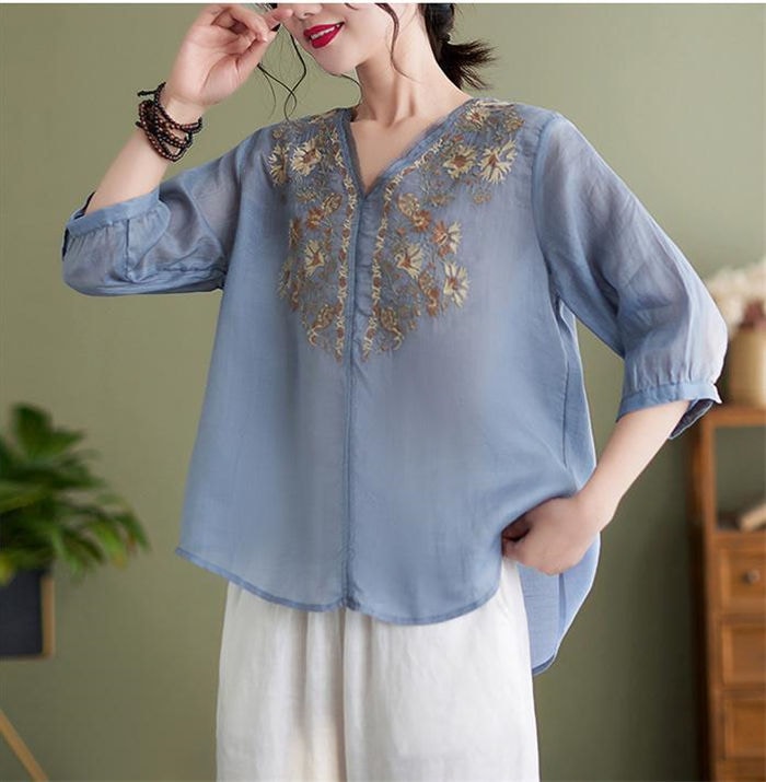 シャツ Ｔシャツ チュニック レディース 刺繍 Vネック ブラウス シャツ トップス カットソー 薄手 半袖 ゆったり おしゃれ ゆるシルエット ガーゼタッチ 柔らかい カジュアル ナチュラル ビジネ