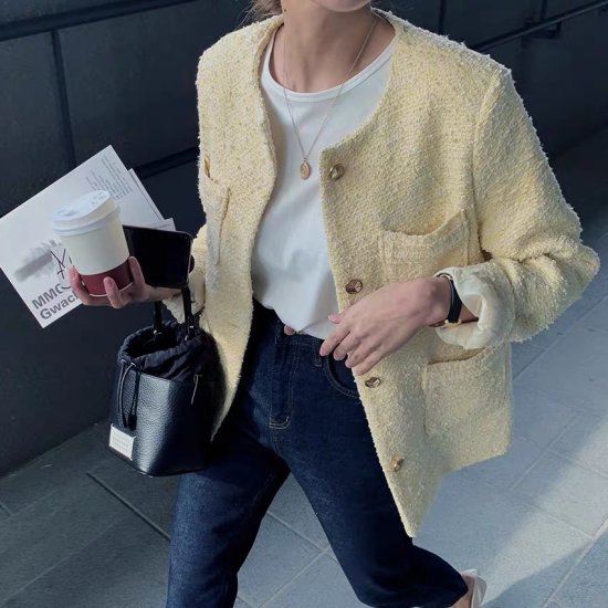 【取寄：納期2週間】ツイードジャケット レディース ジャケット イエロー エレガント ノーカラー ツイード 上品 フォーマル 参観日 入学式 謝恩会 発表会 きれいめ ママ オフィス 通勤 アウター