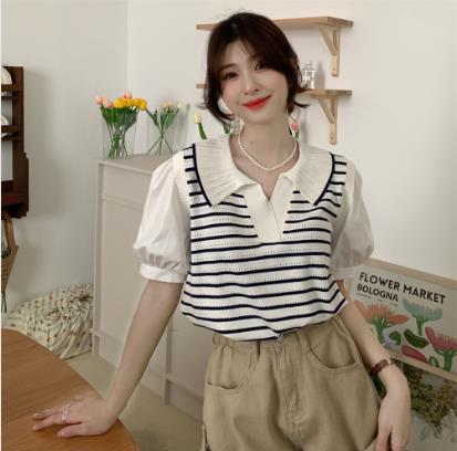 韓国版のアイスシルクストライプセーターポロカラーフェイク2ショートスリーブTシャツバブルスリーブトップス