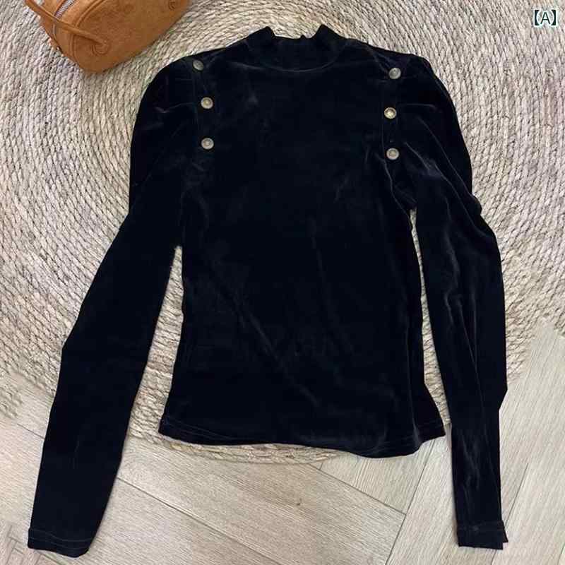 ベロア トップス レディース 秋 パフスリーブ タイト ハイネック 長袖 Tシャツ 韓国 ファッション おしゃれ ブラック