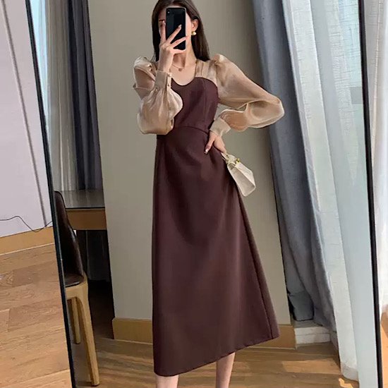 【取寄:納期2週間】結婚式ドレス ハイウエスト バイカラー レース シースルー ミモレ丈 長袖 発表会 演奏会 レディース スレンダー 結婚式 ステージ衣装 エレガント ウエディングドレス