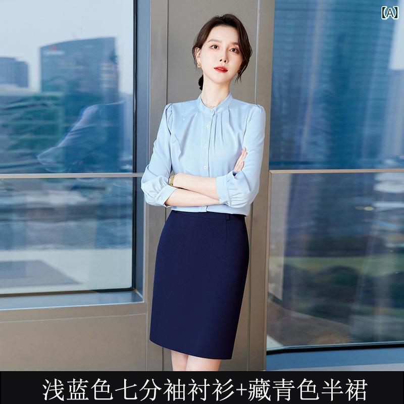 スーツ レディース ビジネス おしゃれ 通勤 オフィス フォーマル 入学式 卒業式 上品 エレガント 夏 服装 軽量 涼しい 涼しい ブルー 七分袖 シャツ 快適 シャツ