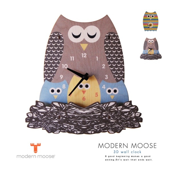送料無料！modernmoose モダンムース3D壁掛け時計フクロウ壁掛け時計/壁かけ時計/ウォールクロック/立体/雑貨/おもちゃ/ふくろう/子供部屋/プレゼント/入学/卒園