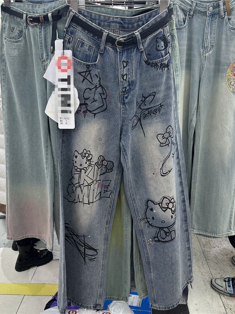 ジーンズ レディースレディースジーンズ春手描きKt猫重工ホットダイヤモンド着痩せおしゃれストレートワイドパンツ