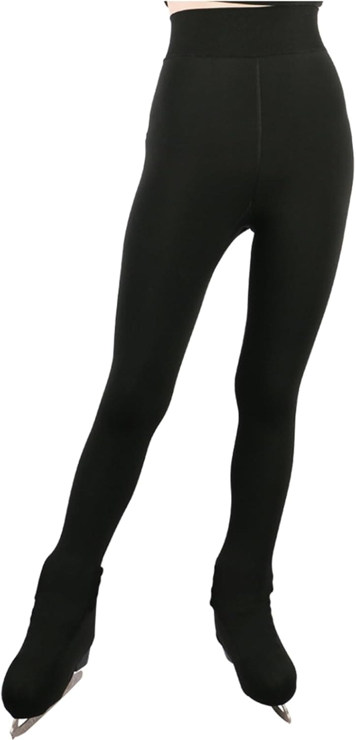 女性アイススケートタイツオーバーザブーツタイツ高ストレッチフィギュアスケートパンツダブルバックル付き(Size:L,Color:ブラック)