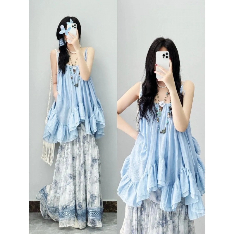 ドーパミンのセットアップスカート夏の優しい甘さのブルーのキャミソールと半身スカートの2枚…