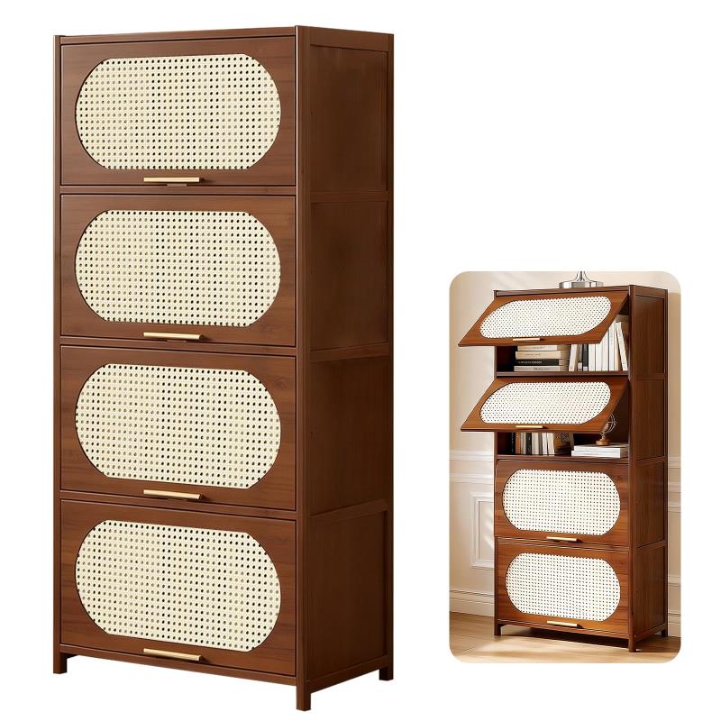 サイドボード 4段 竹製 本棚 扉付き フラップ式 コーナー本棚 床置き式 幅60x奥行32x高さ140 収納ケース 大容量 組立簡単 防塵 小物収納 おしゃれ 書斎 キッチン リビング 玄関 書棚