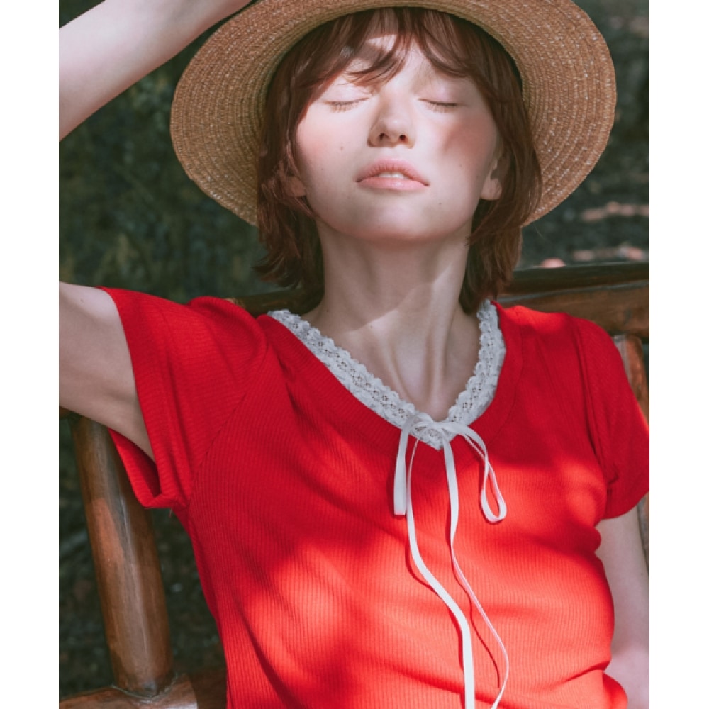 ロンロンストリングリボンレース Vネックスリムクロップ Tシャツレッド