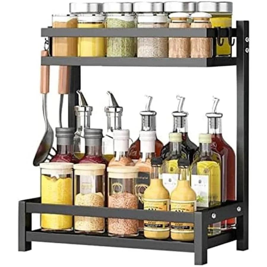 調味料ラック スパイスラック 2段 卓上収納 大容量 防錆 省スペース おしゃれ 組み立てが簡単 4フック付き ブラック