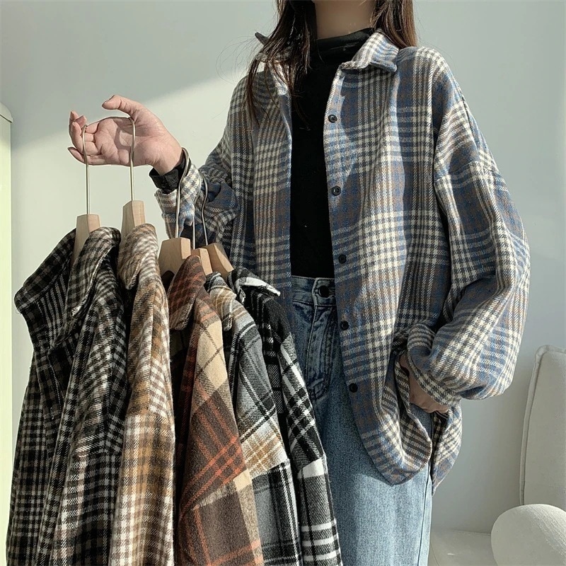 6色 チェックシャツ 韓国ファッション 厚手 長袖 シアーシャツ ブラウス アウター シンプルシャツ レディース トップス ゆったり 体型カバー カジュアル 百掛け ジャケットチュニック