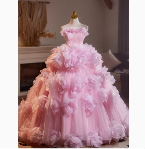 カラードレス ピンク チューブトップ ビスチェタイプ プリンセスライン 花嫁 華やかなトレーン 花モチーフ フレアスカート