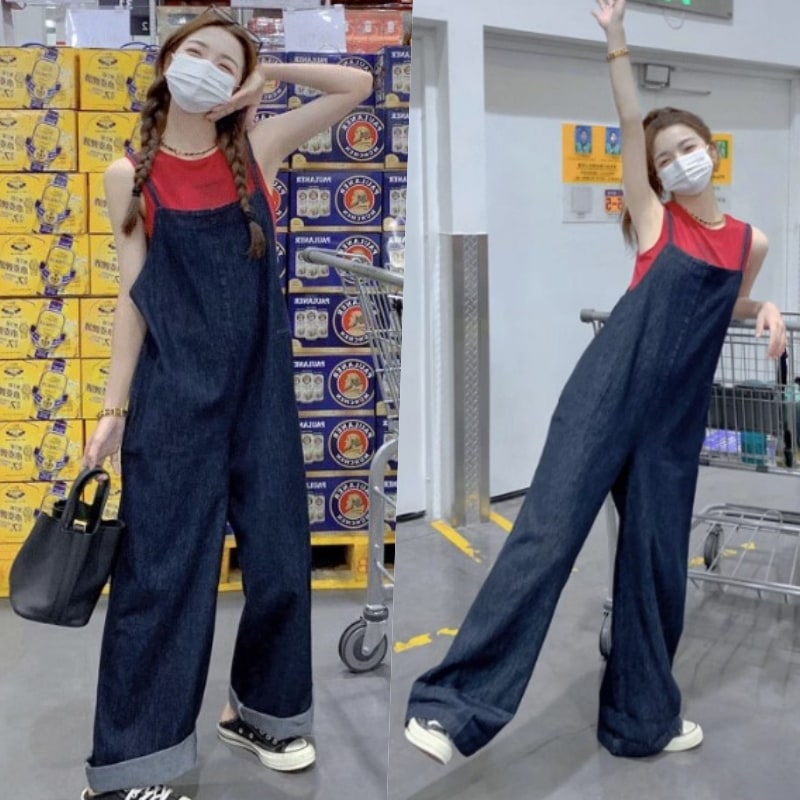 オーバーオール レディース パンツ ロング デニム ジーパン 肩ひも ロールアップ ワンピース 幅広 ゆったり ハイウエスト 普段使い カジュアル メンズライク ストリート アメカジ キャンプ 1