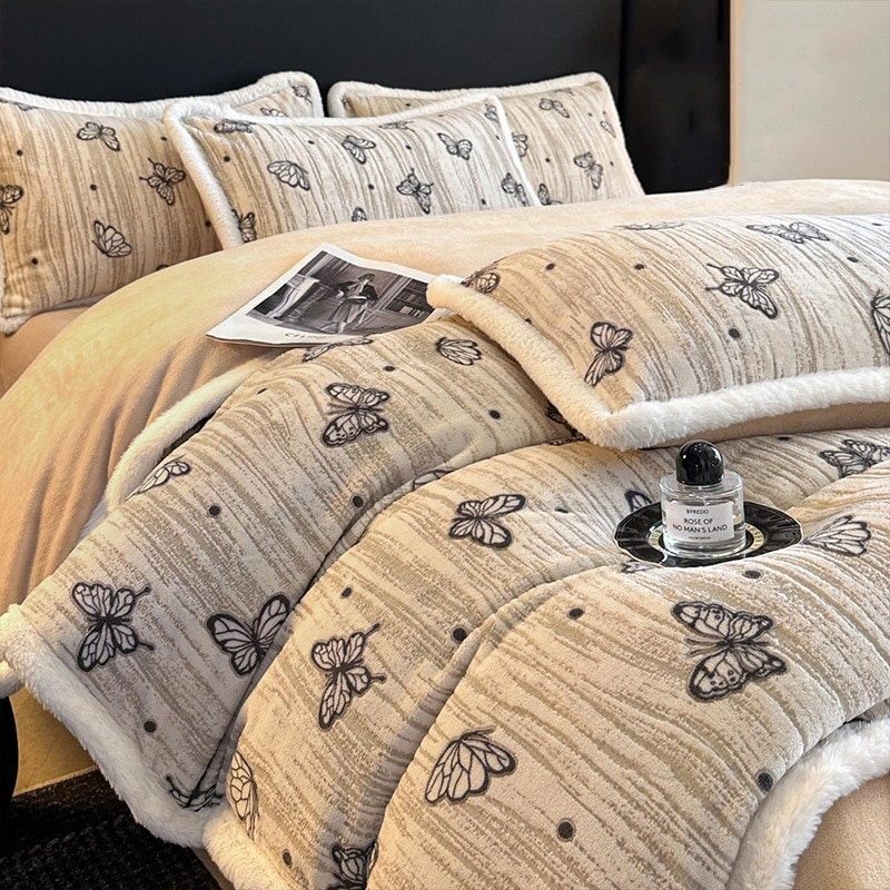 秋冬用ラビットプラッシュ寝具セット（4点） - ミルクコーラルフリース裏地付き羽毛布団カバーとシーツ - 豪華で洗練されたマスターベッドルーム寝具