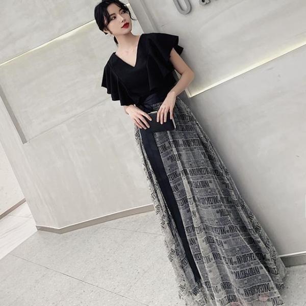 【急速出荷!】おしゃれパーティードレス ロング 黒 半袖 かっこいい 結婚式 お呼ばれ ドレス ロングドレス 演奏会 発表会 大きいサイズ フォーマル 個性的 二の腕カバー