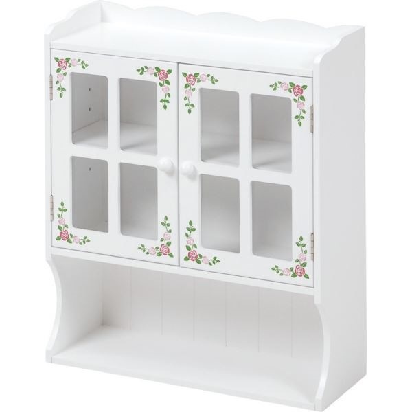 スパイスラック（調味料ラック/スパイスボックス） 幅42cm 扉/可動棚付き ローズ柄 ホワイト（白）