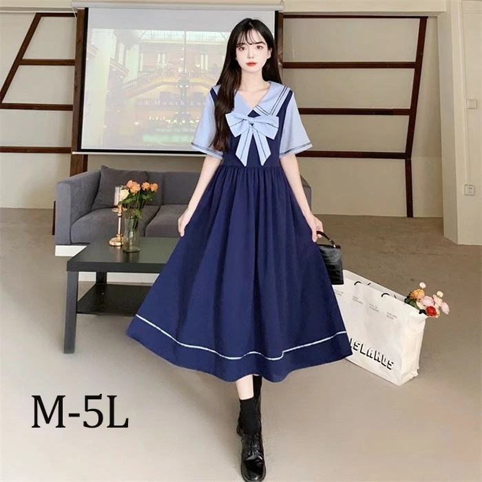 【品質良い 大好評中】ワンピース セーラー風 胸元リボン 半袖 夏用 夏服 かわいい レディース 中学生 ゆったり 大きいサイズ Tシャツワンピース ロリータ ミモレ丈 カットソー ワンピース リゾ