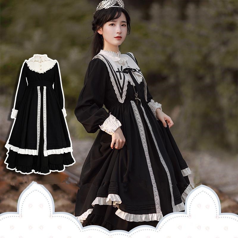 【2点セット】シスター風 ロリータワンピース 長袖ワンピース ロリータドレス 付け襟付き レース フリル 甘ロリ 可愛い 原宿 レディース ガーリー 春秋冬
